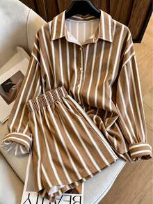 Resyla Damen gestreiftes einreihiges Langarm-Top und Shorts Lässig Alltag Set - Kaffeebraun - Übersicht 1