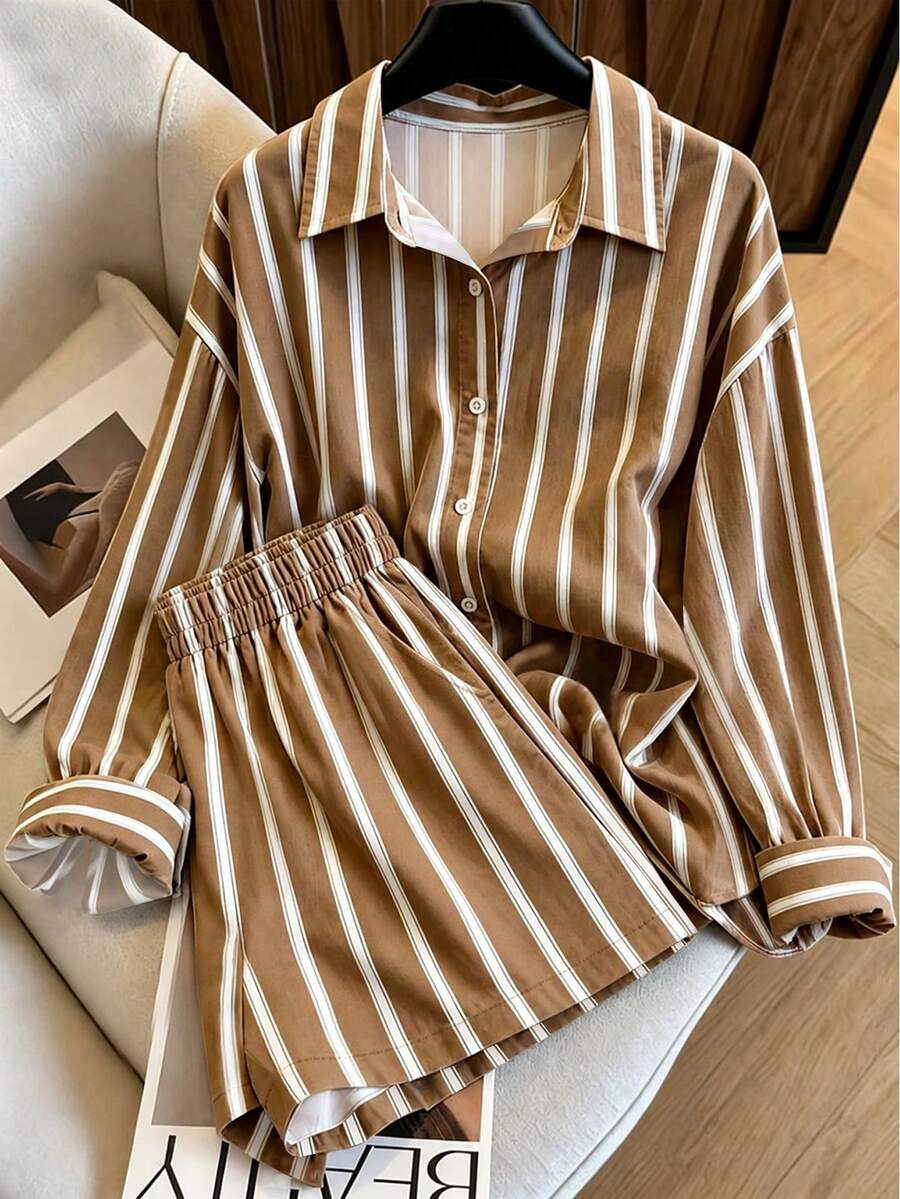Resyla Damen gestreiftes einreihiges Langarm-Top und Shorts Lässig Alltag Set - Kaffeebraun - Übersicht 1