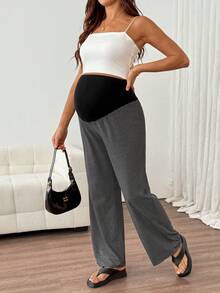 SHEIN Maternity Adjustable Waist Black Wide Leg Long Pants Loungewear Autumn Photoshoot Gender Reveal Homewear Post Partum Soft Form - Dark Grey - View 2