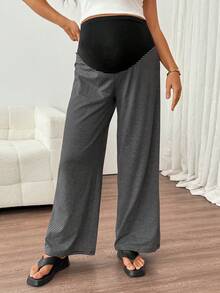 SHEIN Maternity Adjustable Waist Black Wide Leg Long Pants Loungewear Autumn Photoshoot Gender Reveal Homewear Post Partum Soft Form - Dark Grey - View 4