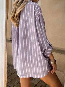 Vaclyn Women's Striped Colorblock Single-Breasted Fashion Pocket Long Sleeve Shirt - Purple - View 2
