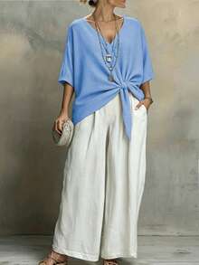 Weeklong Plus Size Casual Vacation Loose Hem V-Neck Short Shirt Vacation Light Blue Summer - Blue - View 3