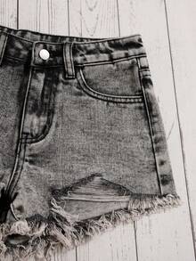 SHEIN Pantalones Cortos De Mezclilla Para Niñas Con Dobladillo Crudo Y Rasgado - Gris - Ver 4