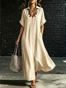 SHEIN Holidaya Damen Sommer Maxikleid mit Revers V-Ausschnitt, Kurzarm, Knopfleiste vorne, digitalem Druck, Imitationsleinen, locker, lässig, Boho, Urlaub, Mode, Hochzeit, Brunch - Aprikosenfarben - Übersicht 3