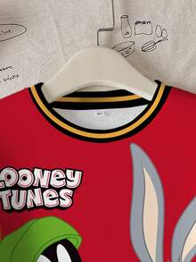 LOONEY TUNES X SHEIN 青少年男孩休闲时尚街头风格可爱卡通字母图案撞色条纹宽松羊毛卫衣，秋冬 - 白色 - 查看 3