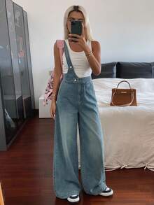 DAZY Women's Casual One Shoulder Wide Leg Denim Overalls, Summer - Medium Wash - View 13