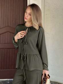 Cloudara WOMEN TWO PIECES OUTFIT WITH TIE KNOT DETAILED - Army Green - View 6