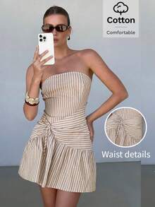 Lavishia Women's Beige Pleated Casual Versatile Date Vacation Mini Bandeau Dress Summer - Mocha Brown - View 1