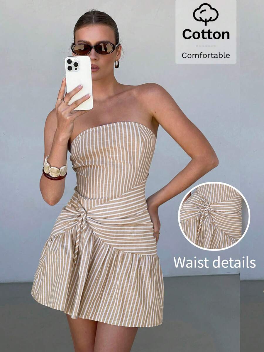 Lavishia Women's Beige Pleated Casual Versatile Date Vacation Mini Bandeau Dress Summer - Mocha Brown - View 1