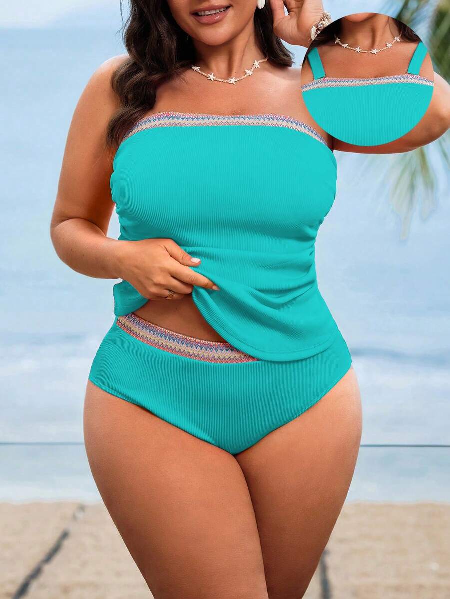 Swim Lushoire Plus Size Women's Pink Halter Bandeau Two-Piece High-End Colorblock Slimming Beach Vacation Swimsuit - Mint Green - View 1