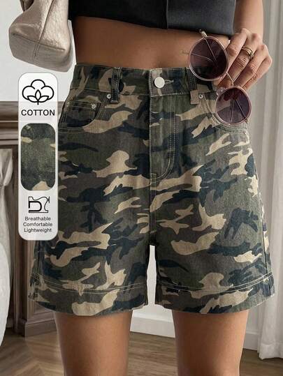 Livesso Women's High Waist Camouflage Casual Streetwear Cotton Denim Shorts For Summer Vacation And Holiday Travel Khaki Green Rave Concert Rave Concert