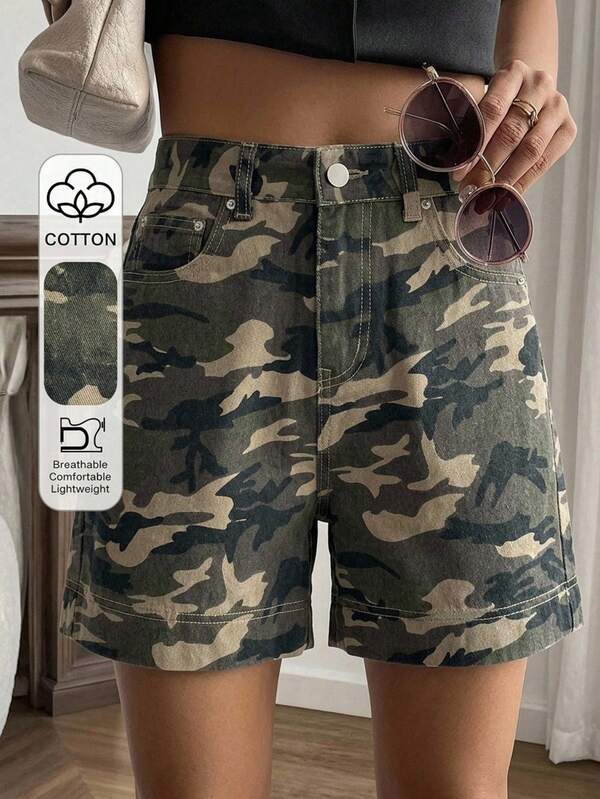 Livesso Women's High Waist Camouflage Casual Cotton Denim Shorts For Summer Vacation And Holiday