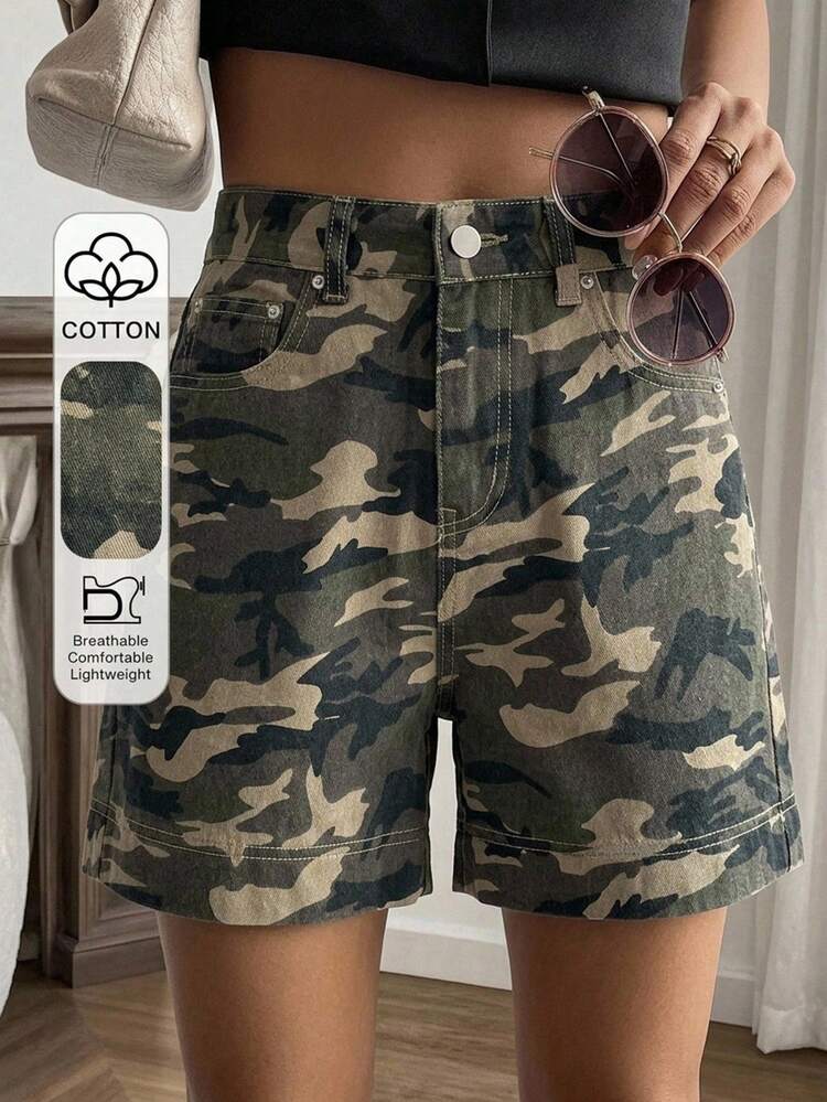 Livesso 女款高腰迷彩休閒棉質牛仔短褲，適合夏季度假與假期 - 軍綠色 - 查看 1