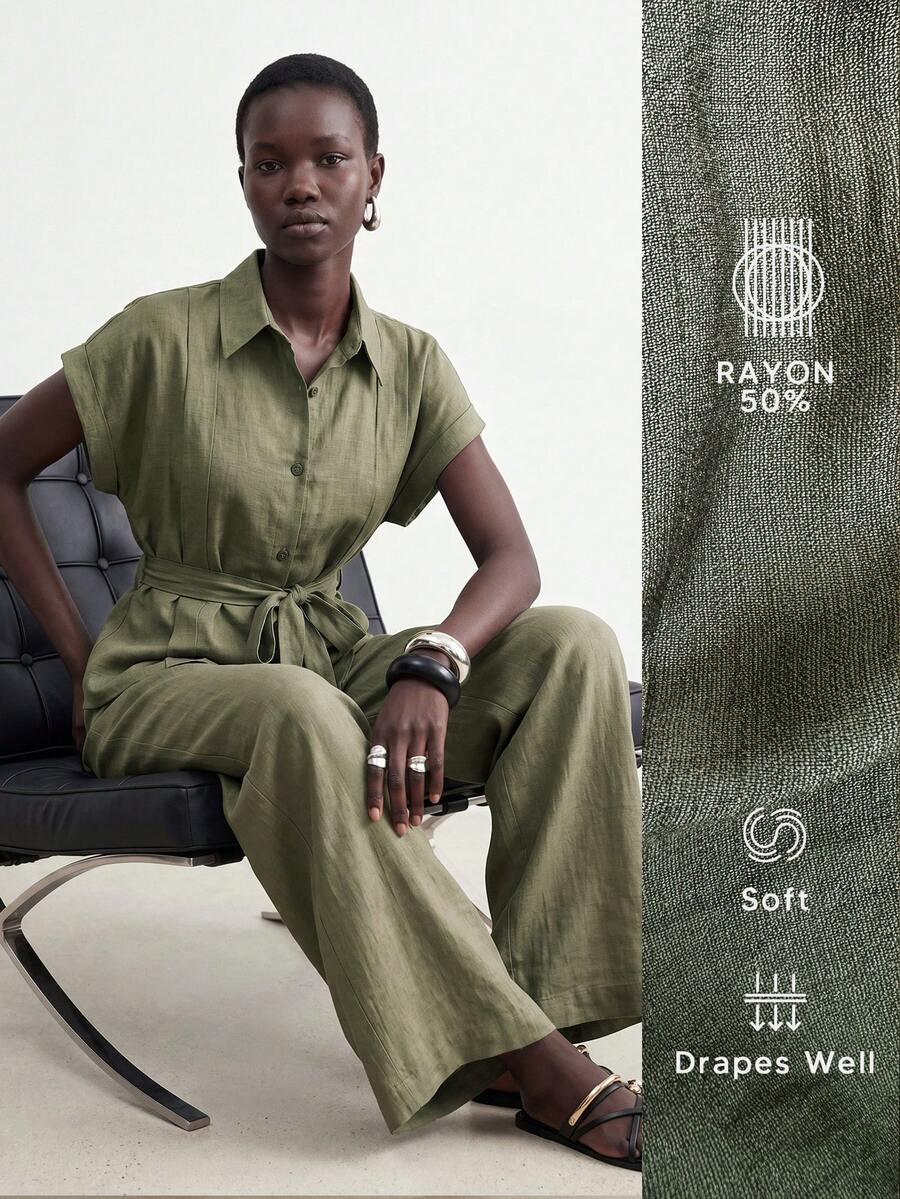 SHEIN Stylify Elegant Casual Teachers' Day New Style Women's Spring/Summer Olive Green Stand Collar Short Sleeve Textured Fabric Suitable For Daily Wear Work Office - Green - View 1