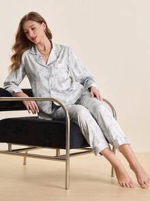Hourtrue 2pcs Women's Ink Printing Ice Silk Simple Home Wear Long Sleeve Top And Pants Pajama Set, Two Pieces Set, Fall Winter Clothes - Grey - View 9