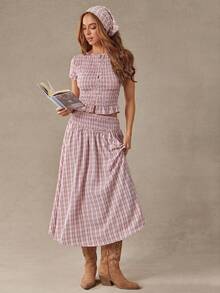 WESTFADE Falda midi convertible con cintura fruncida y bordado a cuadros - Rosa - Ver 3