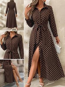 SHEIN Clasi 女款圓點圖案長袖單排扣襯衫洋裝 - 棕色 - 查看 1
