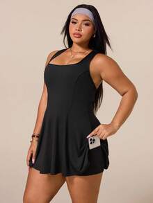 Easithlete Plus Size Women's Square Neck Sleeveless Sports Dress - Black - View 4