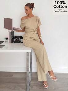 Siren Gaze Luxury Elegant Cotton Set Khaki Asymmetric Neck Short Sleeve Shirt Long Pants 2 Pieces Sets Women Summer Office Date Vacation Everyday Casual Outfits - Khaki - View 5
