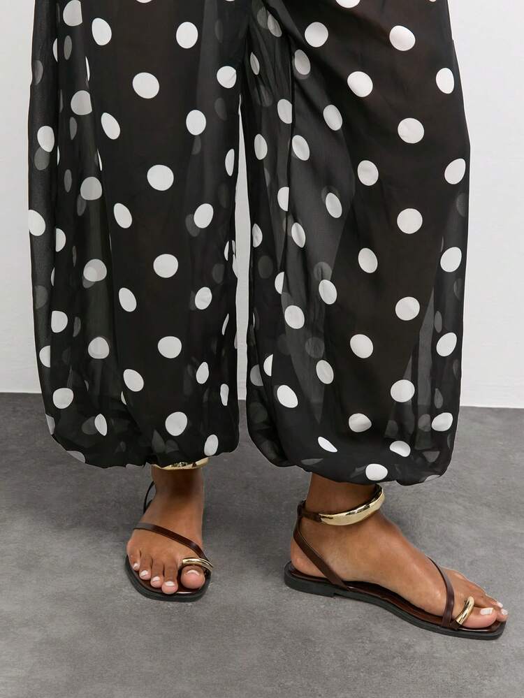SHEIN Maija Women's Polka Dot Print Pocket Casual Cuffed Long Pants,Pantalon Fluide Femme,Going Out Outfits,Summer Holiday Outfits