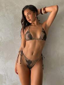Aloruh 女款夏季新款比基尼套裝 紮染印花圖案 性感派對音樂節全息泳衣海灘裝度假穿搭 - 棕色 - 查看 3