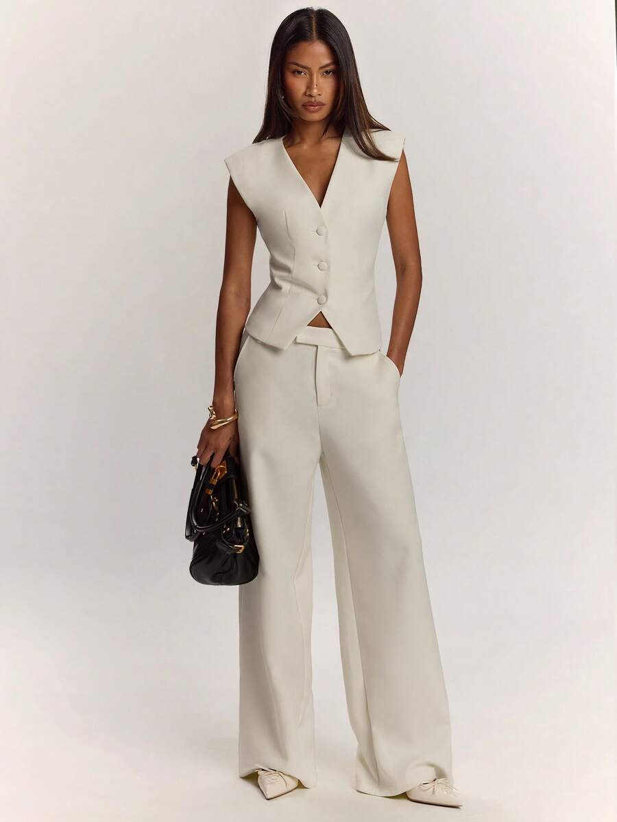 SHEIN BAE Women's Casual Versatile Solid Color Wide Leg Long Pants - Apricot - View 1