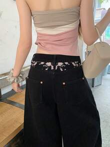 DAZY Women's Loose Floral Embroidered Casual Denim Long Pants Cute Tops - Grey - View 9