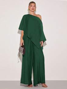 COSMINA Women's Solid Color Asymmetric Shoulder Batwing Sleeve Shirt And Wide Leg Pants Fashion 2 Pieces Set - Dark Green - View 3