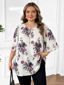 SHEIN CURVE+ CURVE PLUS /情人節/大尺碼女款領結領休閒百搭日常通勤中袖襯衫 - 紫色 - 查看 5