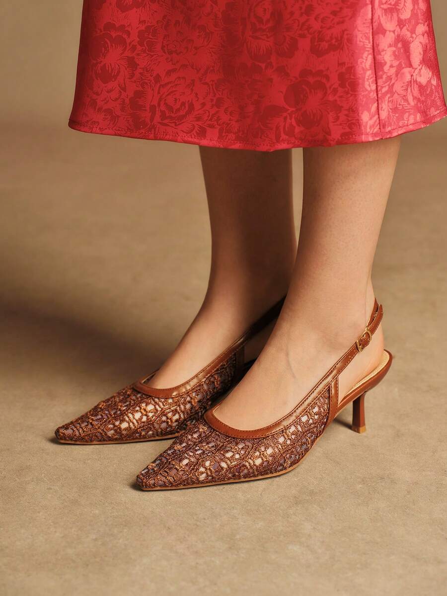 Rosivie Women's Elegant Embroidered Pointed Toe High Heels, Suitable For Commuting - Brown - View 1