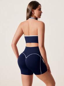 SHEIN Sports 一套藏蓝色无缝女士运动套装，露背无袖设计，柔软舒适贴身，适合健身、跑步、休闲、瑜伽等场合。 - 藏蓝色 - 查看 3