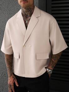 SLATEMANN Men's Solid Color Lapel NeckDouble-Breasted Casual Short Sleeve Shirt - Apricot - View 6