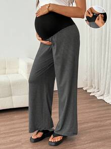 SHEIN Maternity Adjustable Waist Black Wide Leg Long Pants Loungewear Autumn Photoshoot Gender Reveal Homewear Post Partum Soft Form - Dark Grey - View 1
