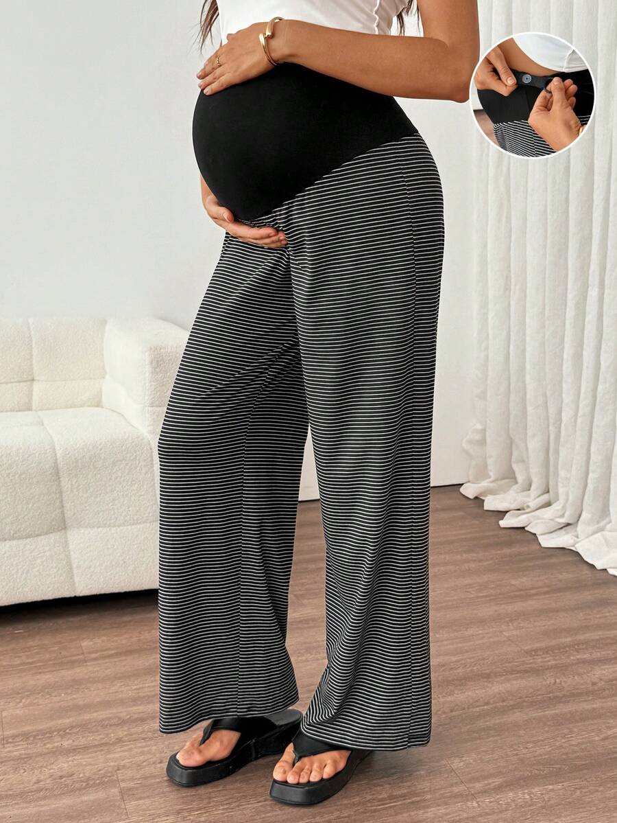 SHEIN Maternity Adjustable Waist Black Wide Leg Long Pants Loungewear Autumn Photoshoot Gender Reveal Homewear Post Partum Soft Form - Dark Grey - View 1