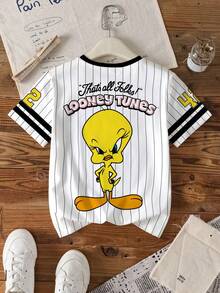 LOONEY TUNES X SHEIN Tween Girls' Casual Striped Cartoon Print Round Neck Short Sleeve T-Shirt, Summer - White - View 2