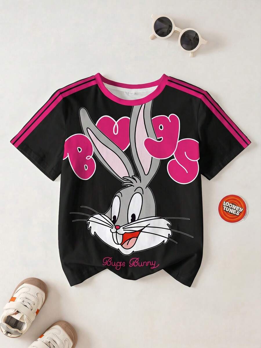 LOONEY TUNES X SHEIN Tween Girls' Casual Rabbit Print & Striped Patchwork Round Neck Short Sleeve T-Shirt, Summer - White - View 1