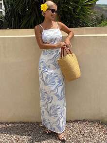 DAZY All-Over Floral Print Fitted Spaghetti Strap Lace-Up Back Sexy Vacation Summer Women's Dress - Blue - View 4
