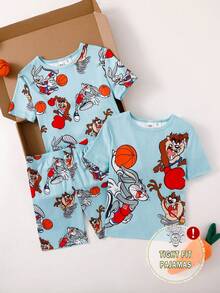 LOONEY TUNES X SHEIN GraphicGems Sommer Tween Jungen Figurbetonte Pyjamas Weich Bequem Minimalistisch Kurzarm Shorts 3 Stücke Set Figurbetonte Loungewear - Grün - Übersicht 4