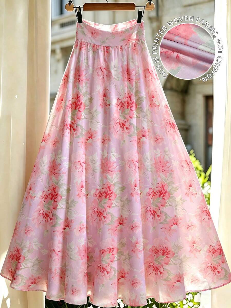 SHEIN LUNE 女款優雅粉色花卉夏季喇叭長裙,彈性腰雪紡長裙,飄逸玫瑰度假風,適合約會與上班 - 淡紫色 - 查看 1