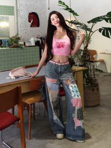 DAZY 女款拼接彩色韓式風格春夏百搭寬鬆水洗牛仔褲可愛上衣 - 藍色 - 查看 9