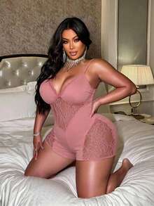 NU&NOW Plus Size Women Deep V Neck Spaghetti Strap Romper - Dusty Pink - View 7