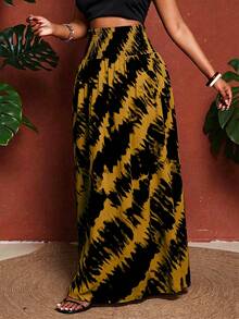 Maweii Pantalones de talla grande con cintura alta, cintura plisada y estampado de bloques de color - Amarillo - Ver 4