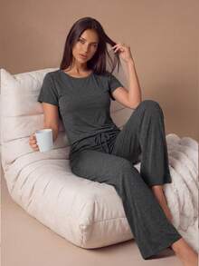 Lazeform Spring/Summer Women's Pajama Set, Simple & Comfortable Rayon, Exquisite Lace Waist Decoration, Suitable For Loungewear - Dark Grey - View 1