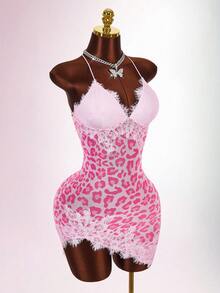 Amplova Women's Camisole Lace Leopard Print Patchwork Design Mini Dress - Pink - View 10