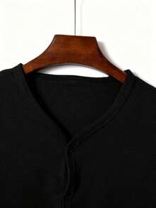 Manfinity Dauomo Camisa polo de manga corta de uso diario minimalista de unicolor para hombres - Negro - Ver 3