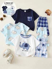 SHEIN 6pcs Baby Boy Unisex Baby Clothes Cute Summer Cartoon Elephant Pattern Plaid Pattern Short Sleeve Pajamas Shorts Loungewear Set Multi-Piece Set - Multicolor - View 3