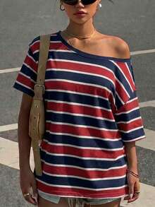 Muchica Kaos Wanita Kasual Minimalis Motif Garis-Garis Blok Warna Biru & Merah, Bahu Jatuh, Lengan Pendek, Potongan Longgar - MultiWarna - View 6