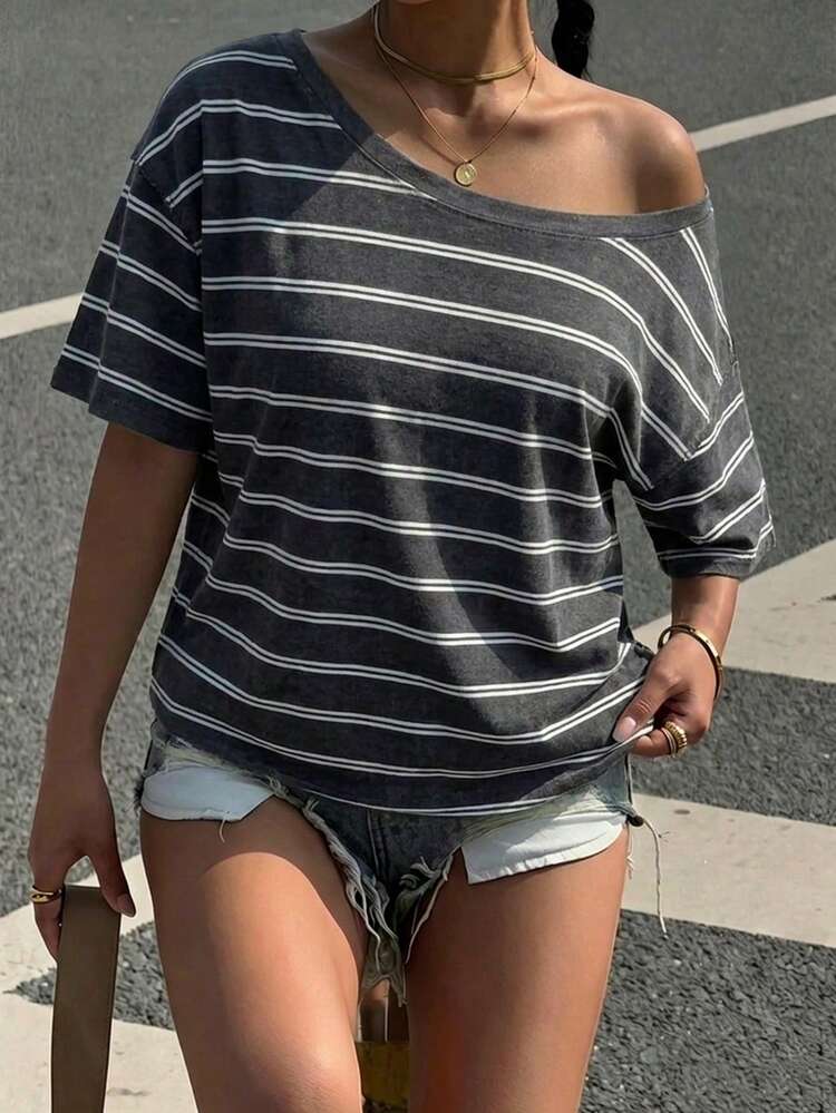 Muchica 大尺碼女款休閒露肩落肩短袖寬鬆條紋T恤，復古風夏季女裝 - 彩色 - 查看 3