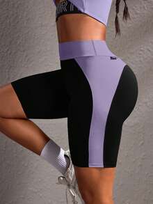 Powerista Short de sport décontracté ajusté en patchwork bleu pour femmes, pour l'entraînement quotidien et la gym, à porter tous les jours - Prune - Voir 2