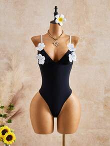 Bellisia Women's 3D Floral Decor Spaghetti Strap One-Piece Swimsuit And Skirt Set, Suitable For Beach Vacation, Pool Party, Beach Party Black Summer Tropical - Black - View 4